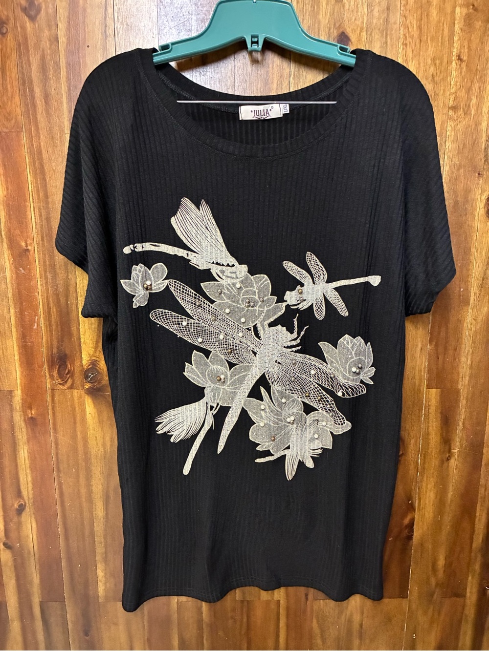 Julia Women’s Black Top with Metallic Beaded Dragonfly Print (L/XL)